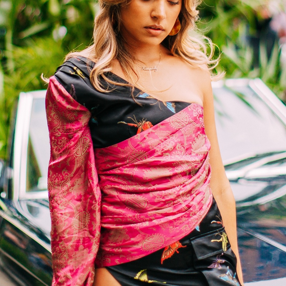 Kim Shui One-Shoulder Satin Dress in Pink and Black